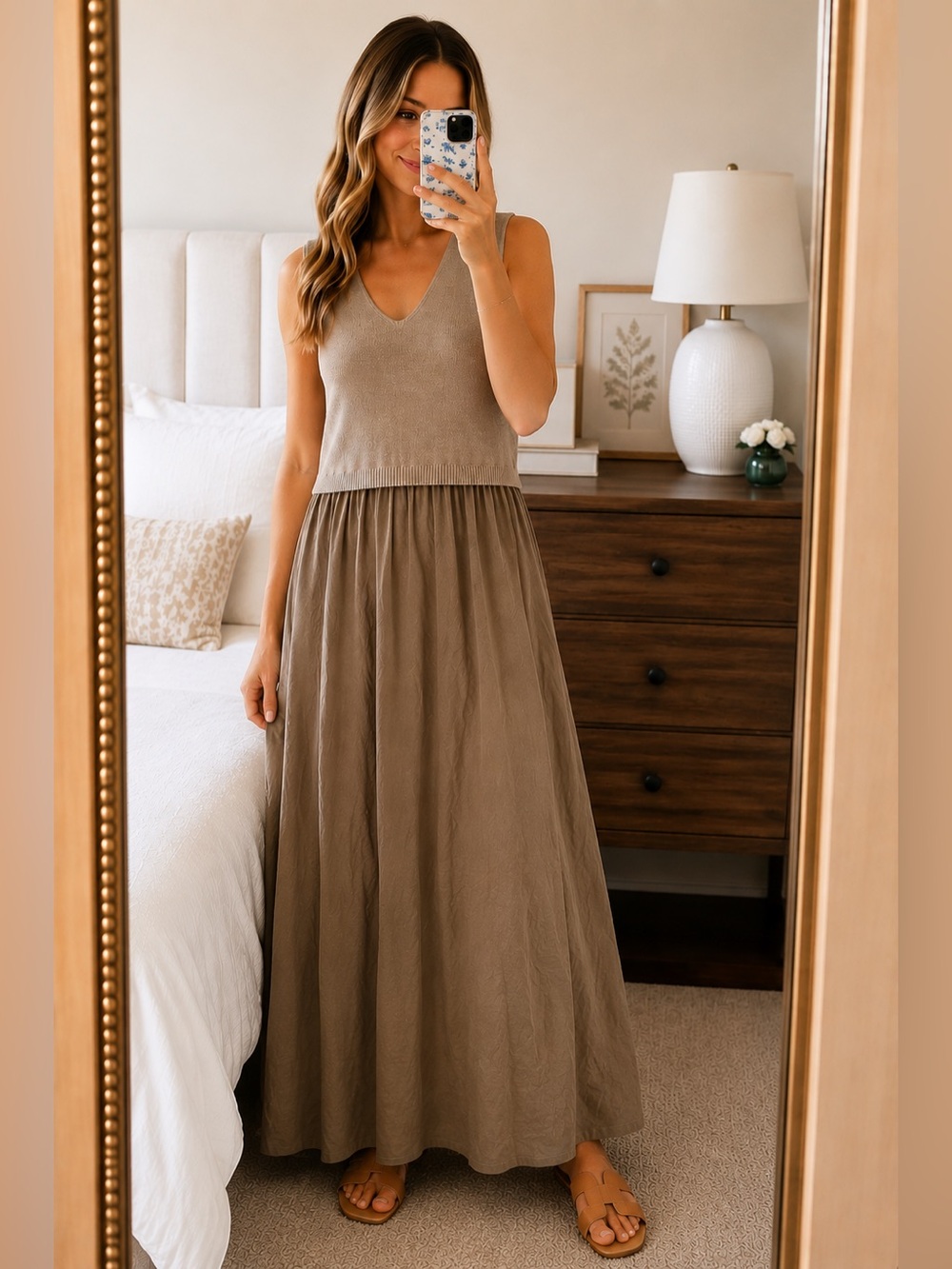 Taylor Two-Tone V-Neck Sleeveless Dress in Beige